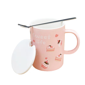 Taza de Cerámica con Tapa y Cucharita Rosado 300ml