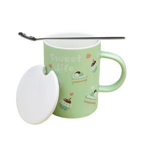 Taza de Cerámica con Tapa y Cucharita Verde 300ml