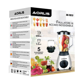 Licuadora de Acero Inoxiable 1.5L + Vaso 650ml 5 Velocidades