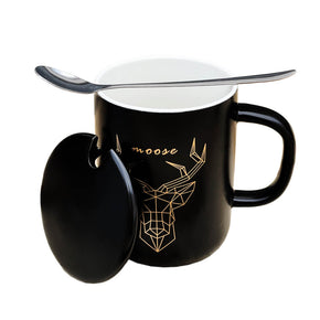 Taza de Cerámica con Tapa y Cucharita de Alce Negro 300ml