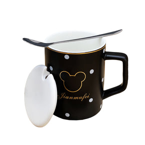 Taza de Cerámica con Tapa y Cucharita de Ratoncito Negro 300ml