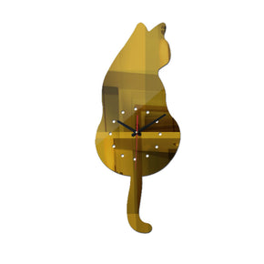 Reloj de Pared de Gato Tipo Espejo Acrílico Adhesivo Dorado